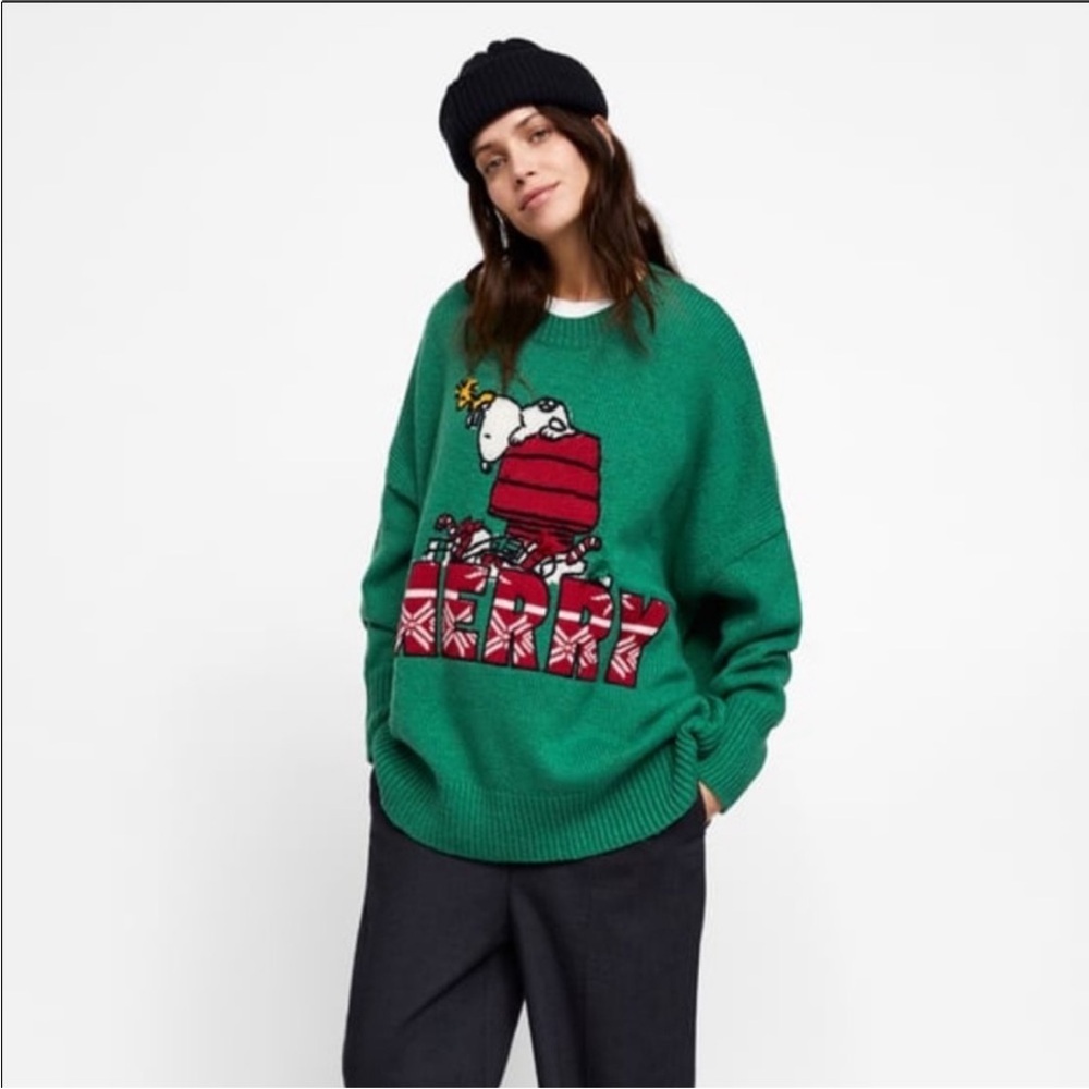 Zara Knit Snoopy Peanuts Merry Sweater Green Medium - Picture 3 of 10